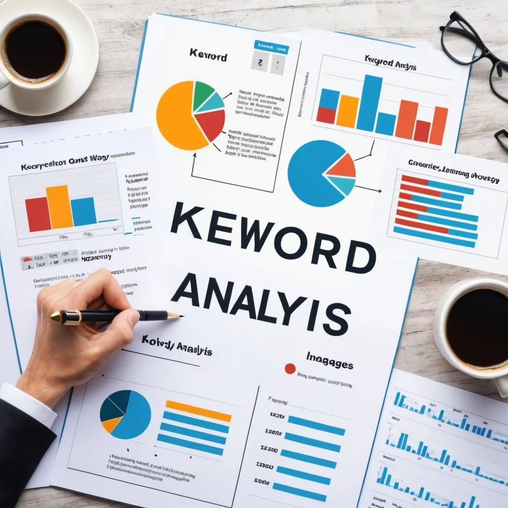 Keyword research tools and analytics dashboard presenting in-depth keyword data, search traffic graphs, and competition analysis for SEO ranking improvement