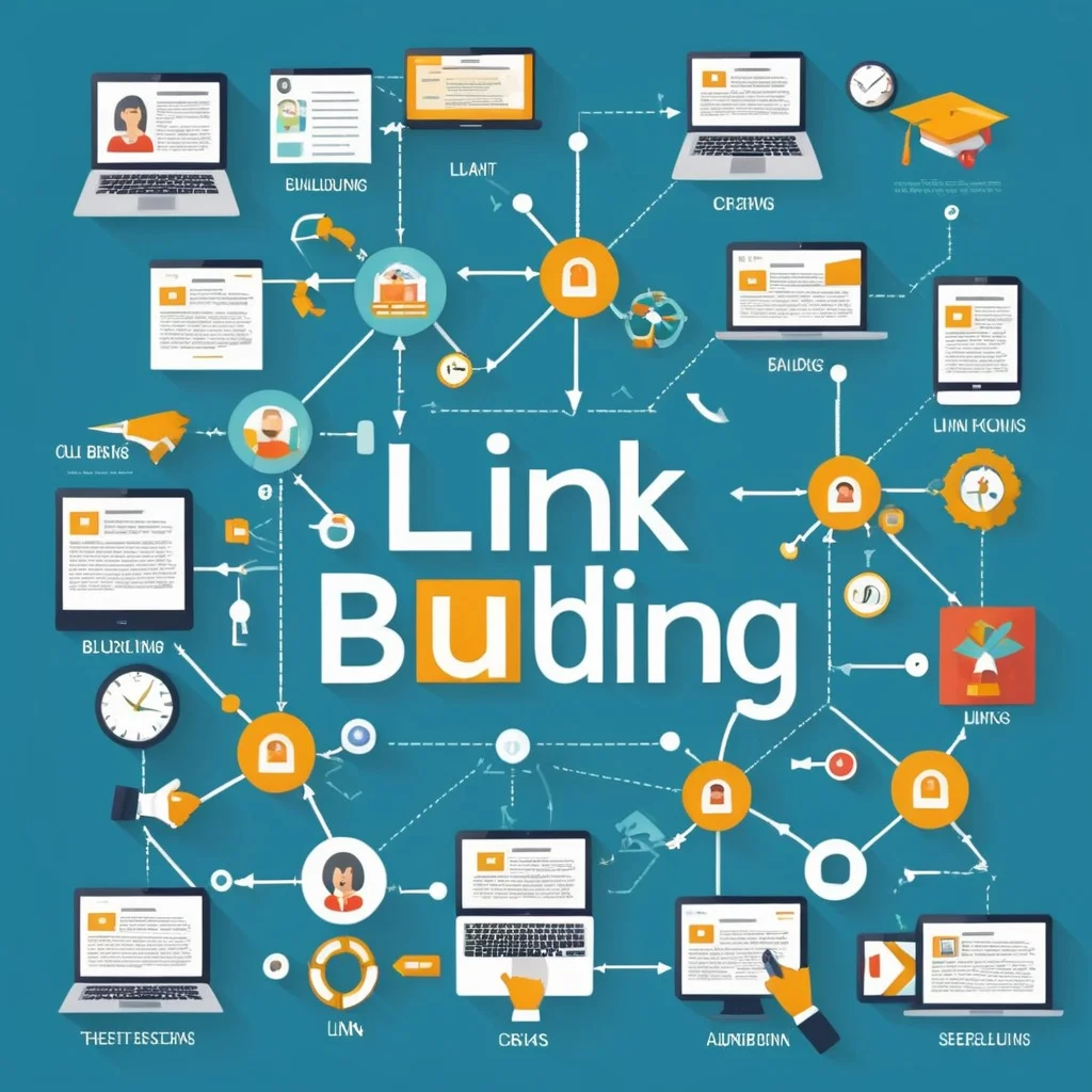 Visual illustration of link building with interlinked websites, digital chains and SEO expansion graphs.