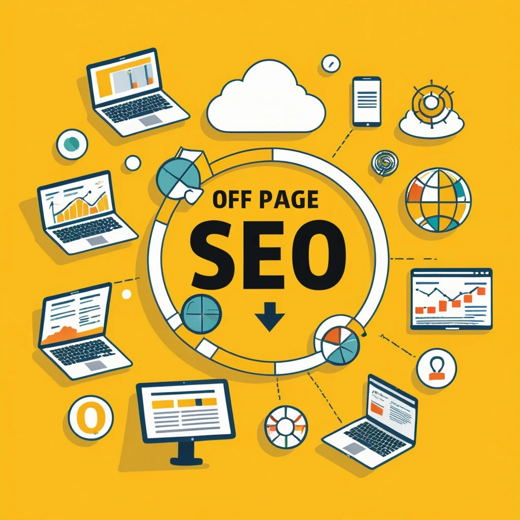 Off-page SEO strategy with high-quality content creating natural backlinks, demonstrated by link icons, content pieces, and authority signals