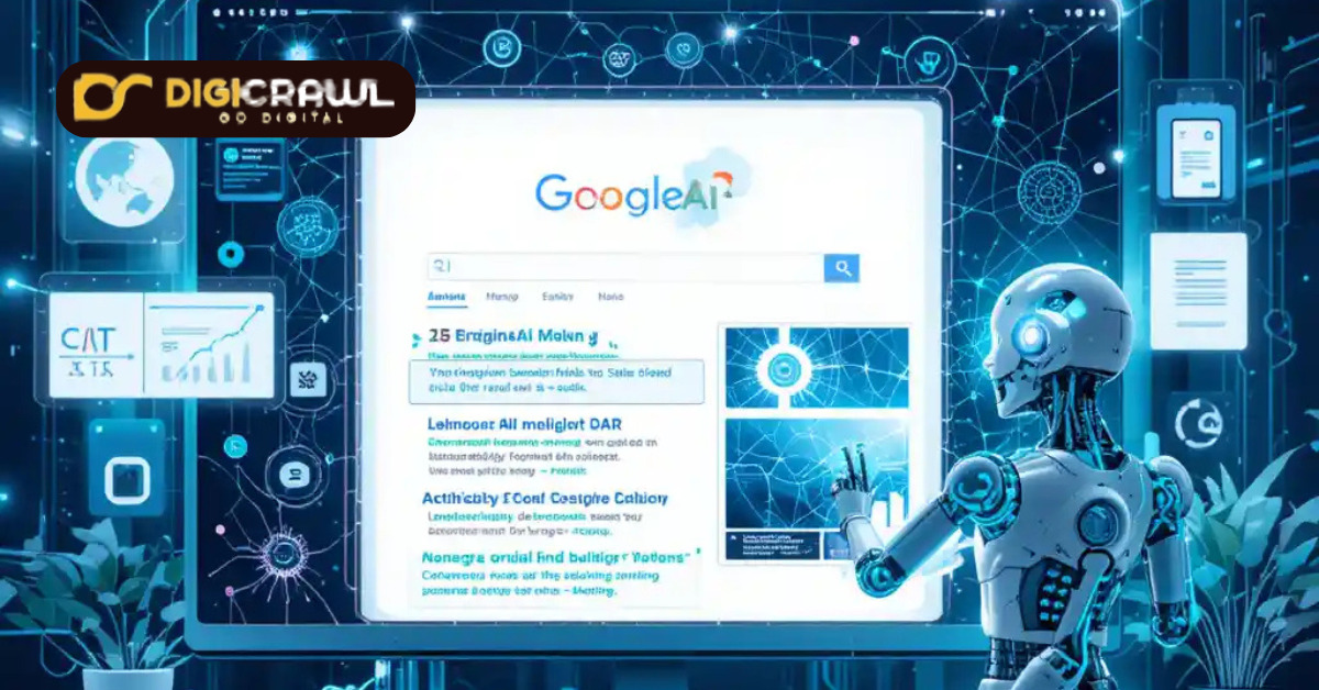 Illustration of AI technologies transforming SEO with neural networks, search engine results, and digital data analysis