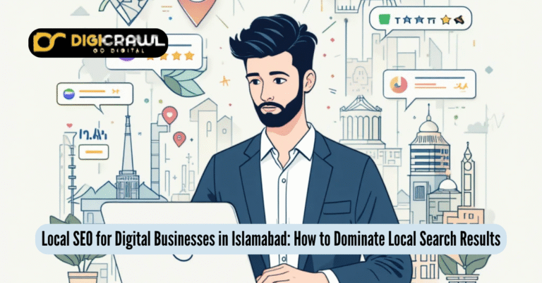 Illustration of a digital business owner in Islamabad optimizing for local SEO with map pin, reviews, and city landmarks in background