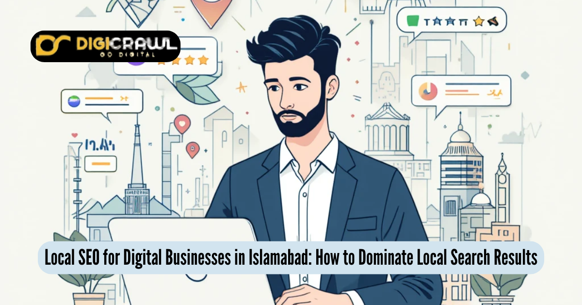 Illustration of a digital business owner in Islamabad optimizing for local SEO with map pin, reviews, and city landmarks in background