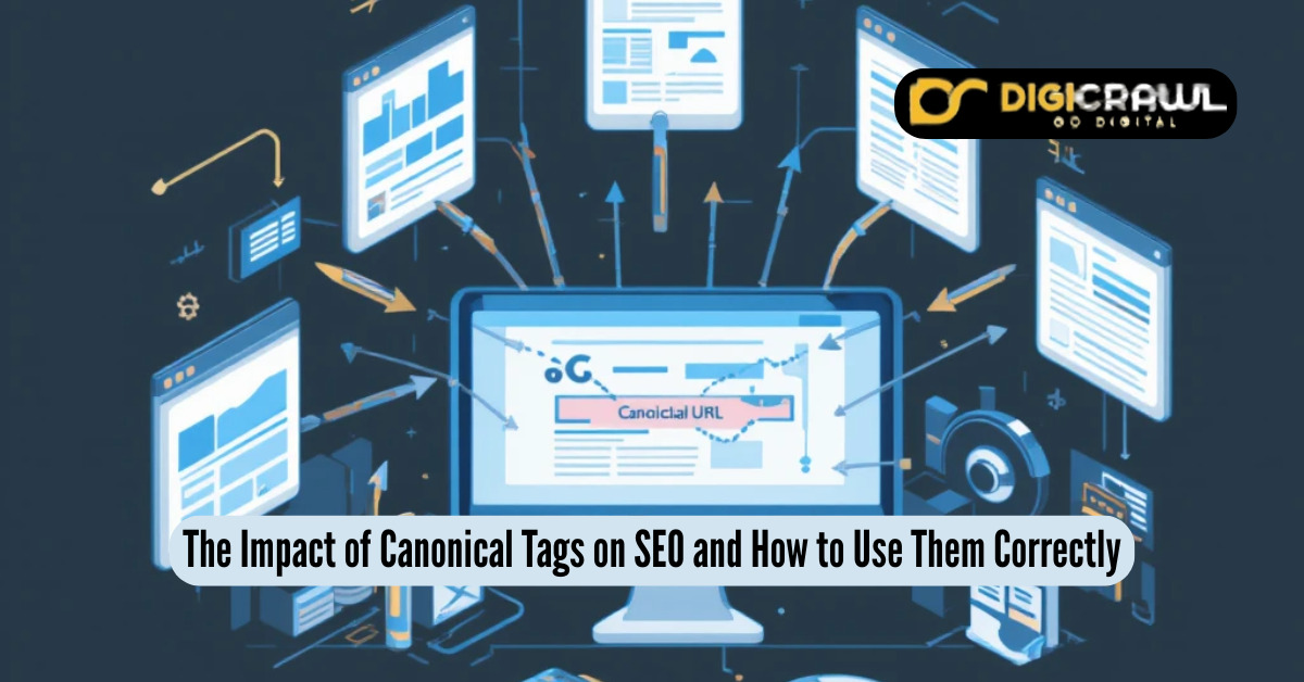 Illustration showing multiple duplicate web pages pointing to a single canonical URL for SEO optimization