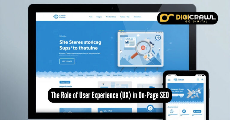 User experience and SEO illustration showing responsive website design on desktop, tablet and mobile devices