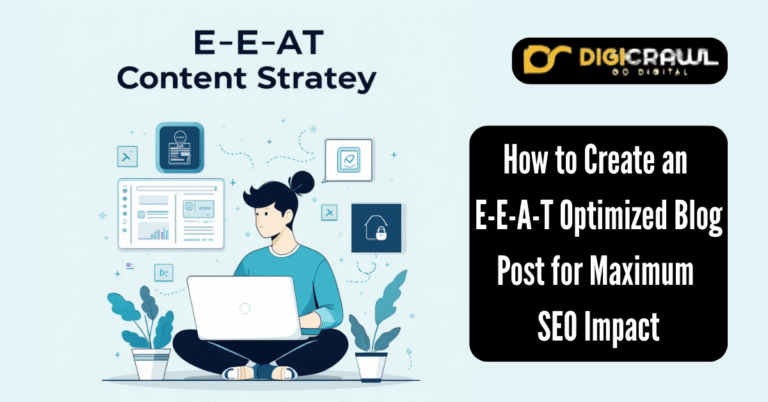 Illustration of a digital marketer working on E-E-A-T optimized content, surrounded by icons for Experience, Expertise, Authority and Trust.