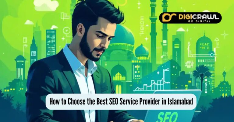 Business owner in Islamabad analyzing SEO services with Faisal Mosque and digital marketing icons in the background.