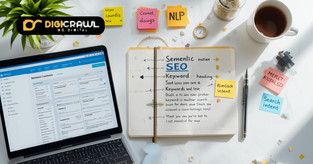Flat-lay of a workspace with a laptop showing an SEO dashboard, notebook with keyword notes and sticky notes highlighting semantic SEO concepts.