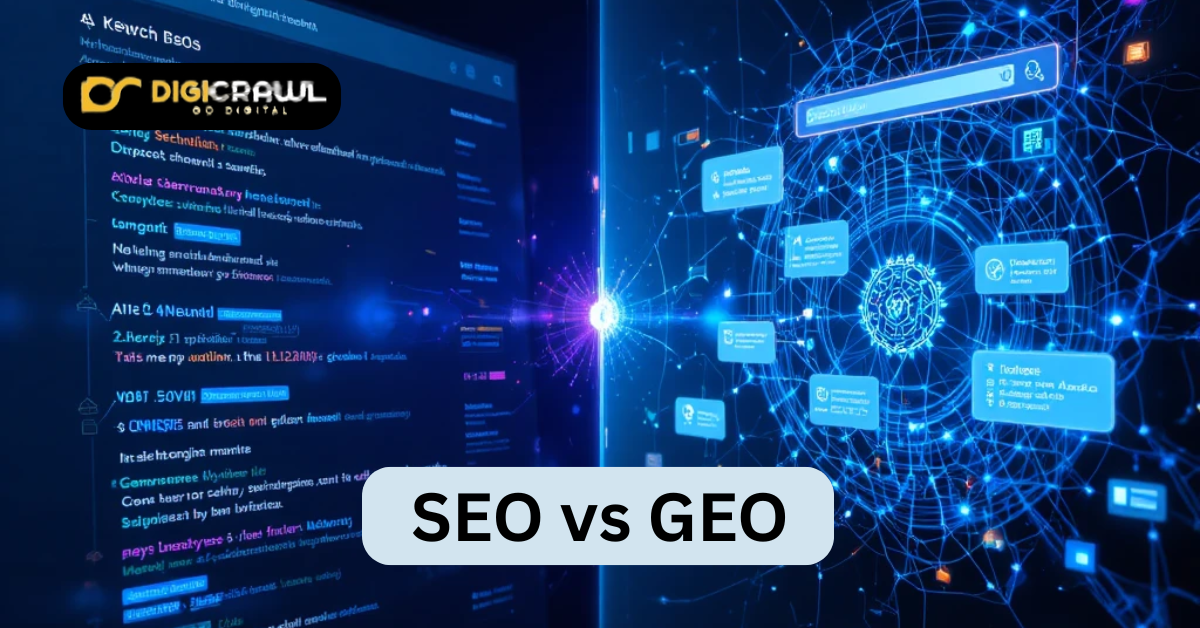 SEO vs GEO illustration showing the shift from traditional search results to AI-powered generative engines with conversational answers and data networks.